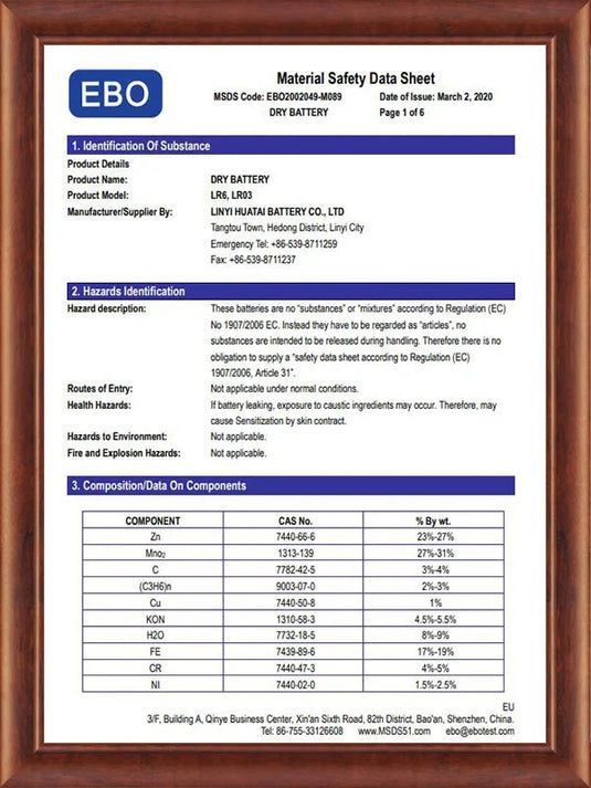 MSDS LR6,LR03 Certificate